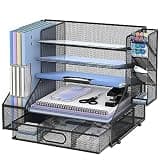 SUPEASY Desk Organizer with File Holder, 5-Tier Mesh Paper Letter Tray and 3 Tilted File Sorter for Office Supplies, Black