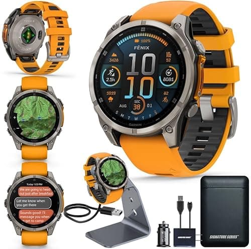 Garmin Fenix 8 Premium Multisport GPS Running Smartwatch, 47 mm | AMOLED, Dive-Rated, Built-in Flashlight | Titanium with Spark Orange/Graphite Band with Signature Series Charging Stand