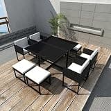 NKOPPFG 8-Person Black Poly Rattan Patio Dining Set with 1 Table, 4 Chairs, 4 Stools, 8 Seat Cushions, and Back Cushions