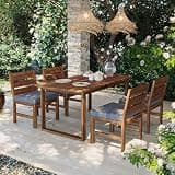 QVUUOU 5-Piece Farmhouse Outdoor Patio Dining Set with Adjustable Legs, Solid Acacia Wood - Rustic Brown or Gray Finish for 4
