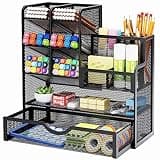Marbrasse Mesh Pen Holder for Desk, Multi-Functional Pencil Organizer with Drawer, Desk Organizers and Accessories for Office Art Supplies (Black)