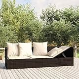 fadaoet Outdoor Lounge Bed Brown Rattan, Cream White Cushions, 2-Person Patio Chaise Lounger, Adjustable Reclining for Backyard, Garden