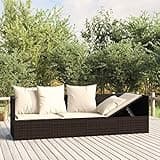 Jkghdrt Outdoor Lounge Bed Brown Cream White with 5 Cushions Adjustable Armrests Durable Steel Frame PE Rattan Weather Resistant Fabric for Patio Balcony