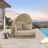 PURPLE LEAF Outdoor Round Daybed with Adjustable Canopy for Patio, Khaki