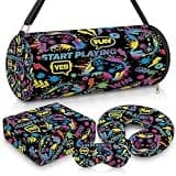 Moukeren 4 Pcs Video Game Theme Travel Pillow and Blanket Set Travel Airplane Essentials with Memory Foam Neck Pillow Fleece Blanket Eye Mask and Start Playing Storage Bag for Boys Sleeping Use