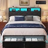 Petkulo Full Bed Frame with 2 Storage Drawers, Metal Platform with Charging Station & LED Lights, Upholstered Headboard, No Box Spring Needed, Easy Assembly