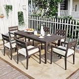 7 Pieces Acacia Wood Outdoor Dining Set with Cushions - Gray - Spacious 70.9" Table - Lawn, Backyard, Garden Deck, Poolside - Outdoor Living