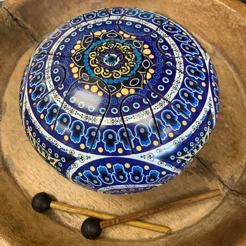MAZRA Steel Tongue Drum 15 Note, 13-inch Percussion Instrument Handpan Drum with Bag, Music Book and Mallets for Kids and Adults Meditation Musical Education Concert (Blue Evil Eye, 6 Inch)