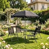 Hassyee 6 Pieces Outdoor Dining Set with Tempered Glass Dining Table and Umbrella for Lawn, Poolside, Patio Furniture Set with Metal Frame and Mesh Seats & Backrests for Balcony
