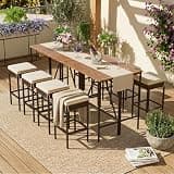 QVUUOU 10-Piece Outdoor Patio Bar Set with Acacia Wood and Wicker, Foldable Table and 8 Stools with Cushions - All-Weather High-Dining Bistro Furniture
