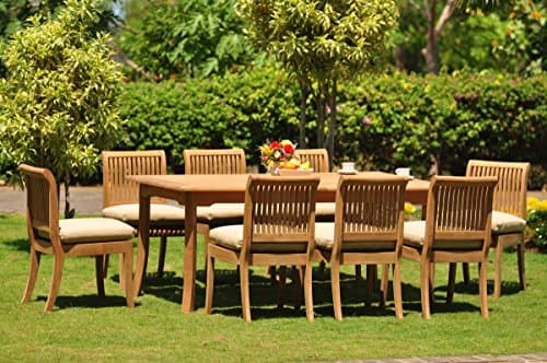 TeakStation 8 Seater 9 Pc Grade-A Teak Wood Dining Set: 94" Double Extension Rectangle Table & 8 Giva Armless Chairs #TSDSGV45