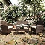 4-Piece Patio Furniture Set, Outdoor Wicker Conversation Set with Tempered Glass Coffee Table, Heavy Duty PE Rattan Sectional Sofa & Washable Cushions for Backyard, Deck, Poolside (Brown Rattan/Beige)