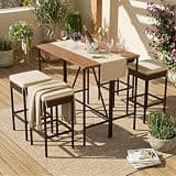 CJLMN 5-Piece Outdoor Bar Height Dining Set with Acacia Wood and PE Rattan Wicker, Foldable Tabletop and Four Stools with Cushions - All-Weather Patio Furniture in Brown