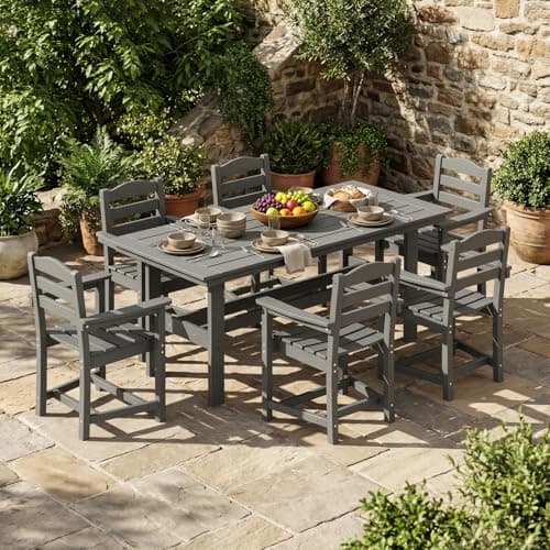 MOUMON 7-Piece Outdoor Dining Set, 70.9" Large HDPE Rectangular Patio Table with 2" Umbrella Hole and 6 Ergonomic Armchairs, All-Weather Faux Wood Dining Set for Garden, Backyard, Grey