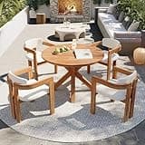 Fiorune 5-Piece Outdoor Patio Round Dining Table Set, Acacia Wood Dining Table and Barrel Chairs, Modern Outdoor Dining Set with Cushioned Seats and Backs for Garden Backyard, Beige+Natural