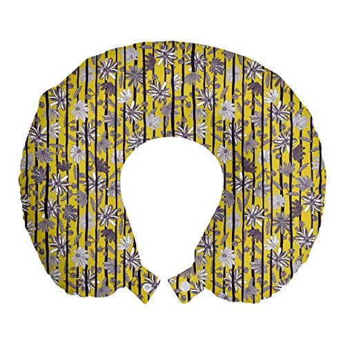 Ambesonne Tropical Travel Pillow Neck Rest, Exotic Toned Flourishing Lily Blossoms with Stem Bars Caribbean Pattern, Memory Foam Traveling Accessory for Airplane and Car, 12", Yellow Dimgray Black