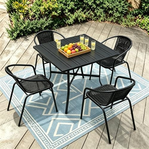 Stabrech 5 Piece Patio Dining Set with Black Outdoor Metal Table & 4 Hand-Woven PE Rattan Stackable Chairs for Backyard Garden Poolside, Black Chairs