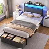 UHTN Twin Bed Frame with 2 Storage Drawers, Upholstered Headboard with Charging Station and LED Lights, Metal Platform Bed with Storage Shelf, Noise Free, No Box Spring Needed, Dark Grey