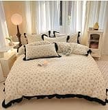 QHEVLXQI Queen Comforter Set, French Retro Style Cotton Bedding Four-Piece Princess Style New Cotton Bed Lace Quilt Cover(Color 1,King Size)